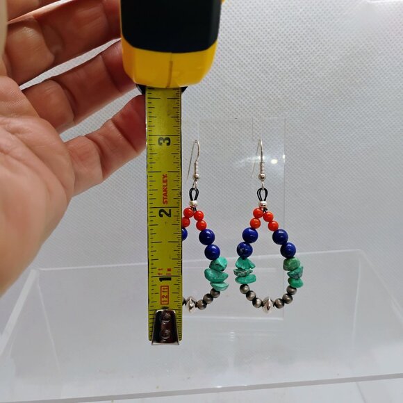 Multi-stone Sterling Silver Navajo Pearl Bead Teardrop Hoop Dangle Earrings - Picture 3 of 3